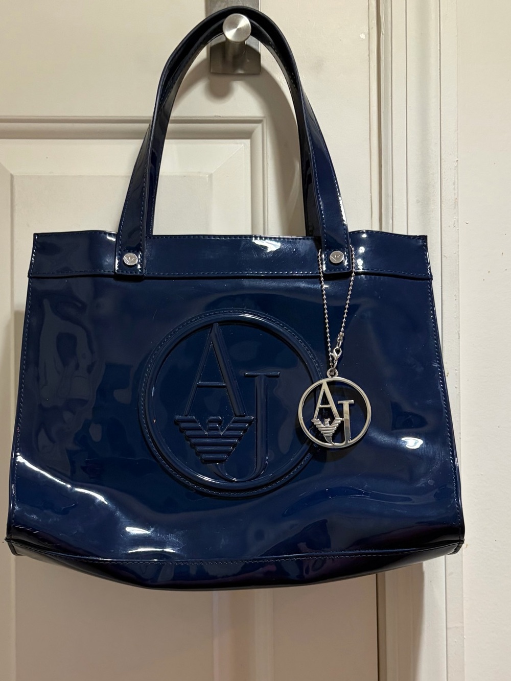 Armani Jeans Navy Patent Tote Bag with Logo Charm